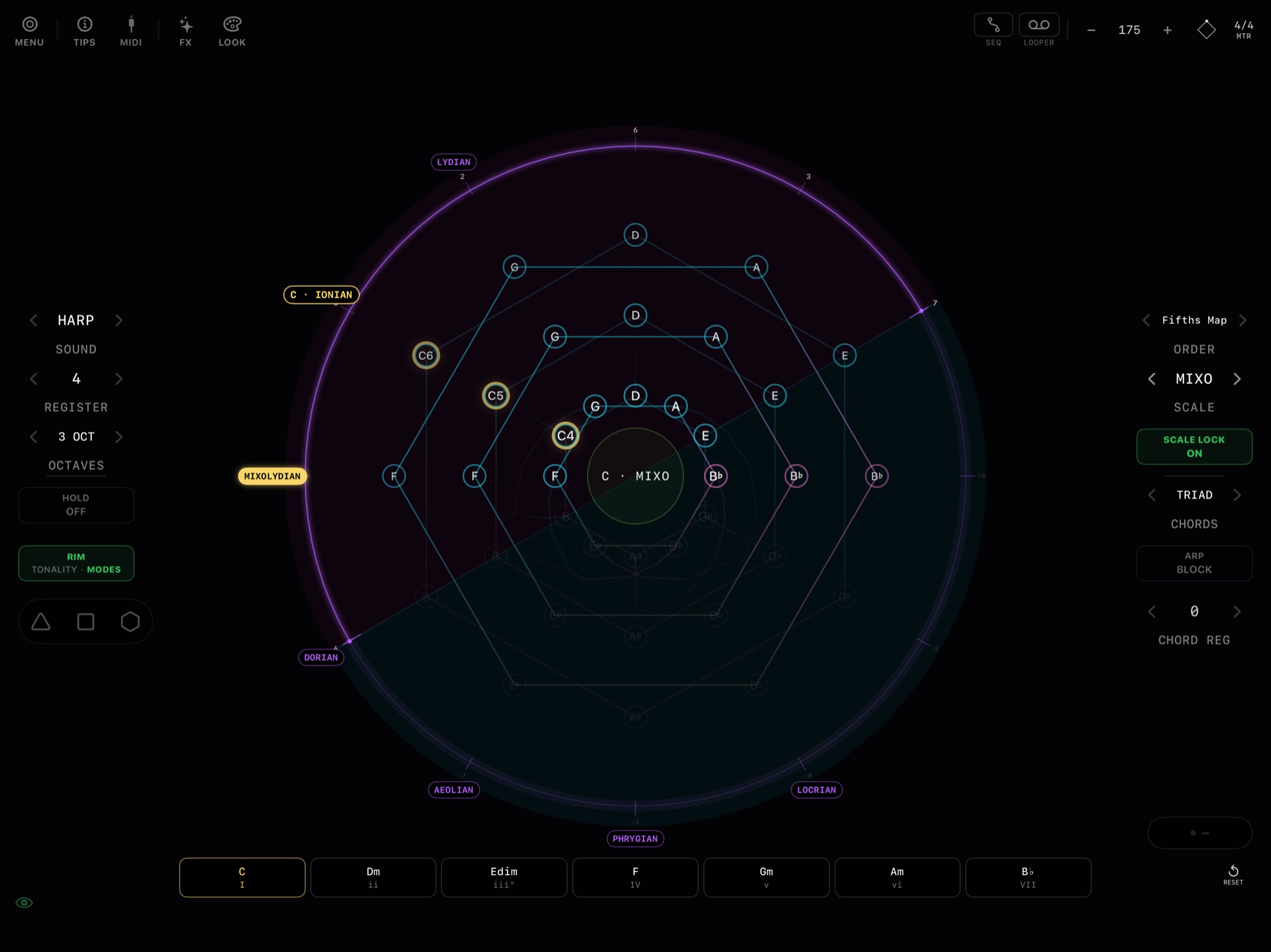 Axis Gemina on iPad: the 85-note circular stage surrounded by the interactive Rim in MODE SHIFT with SCALE LOCK lit, showing each mode and its parent key around the dial